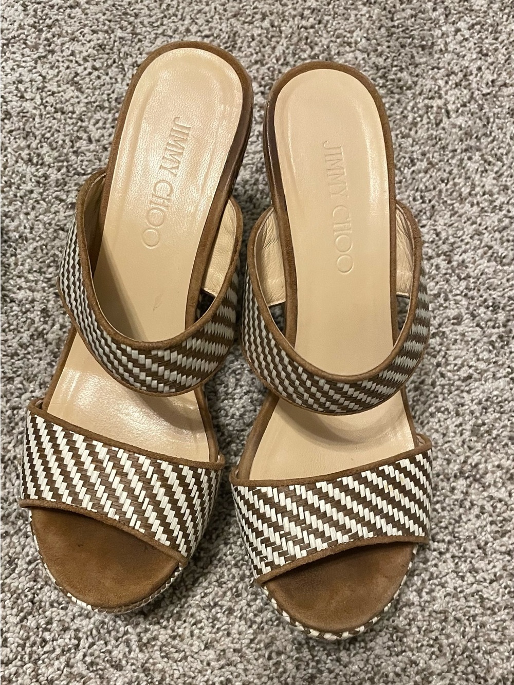 Jimmy Choo Brown & White Woven Slide Sandals